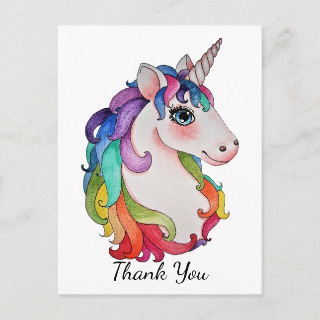 Postal Unicornio Acuarela Con Cabello Arcoíris (Anverso)