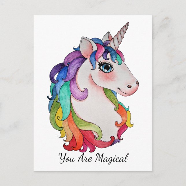 Postal Unicornio acuarela con pelo de arco iris (Anverso)