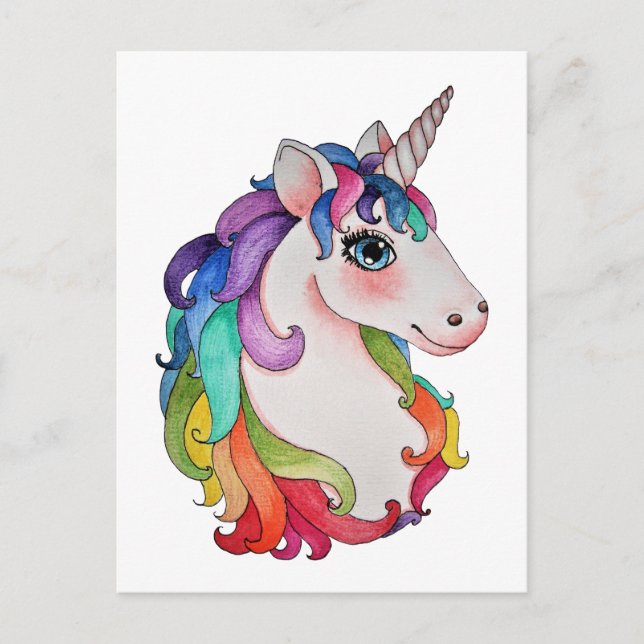 Postal Unicornio acuarela con pelo de arco iris (Anverso)