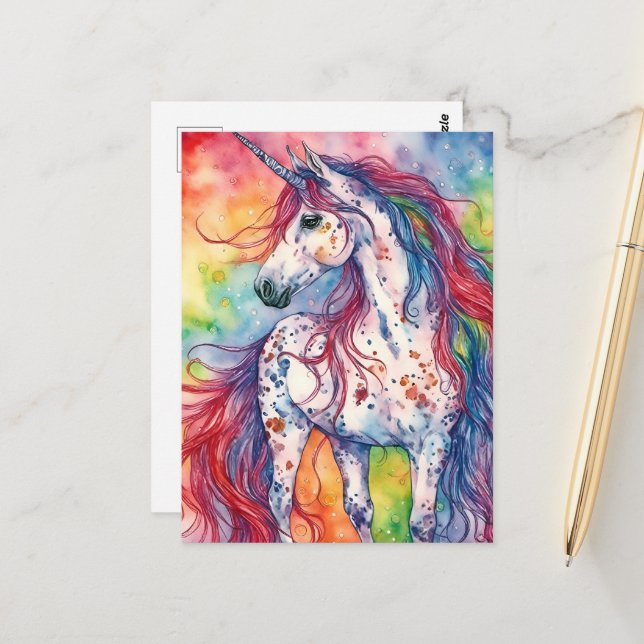 Postal Unicornio Adorable de Acuarela (Anverso/Reverso In Situ)