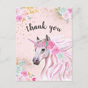 Postal Unicornio agradecimiento rosa floral dorado brillo