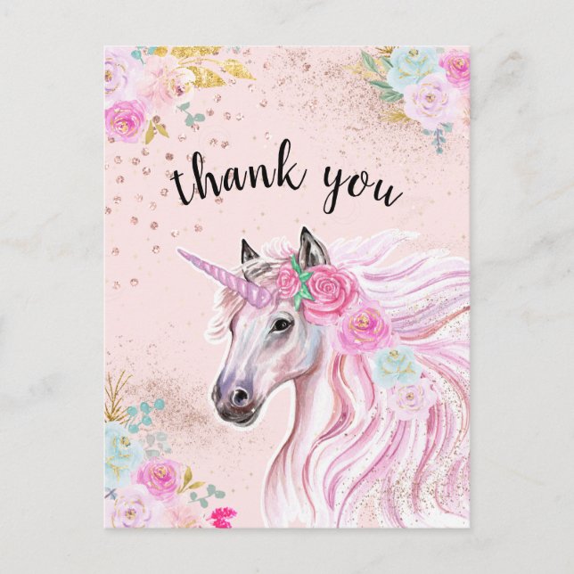 Postal Unicornio Agradecimiento Rosa Turquesa Floral Dora (Anverso)