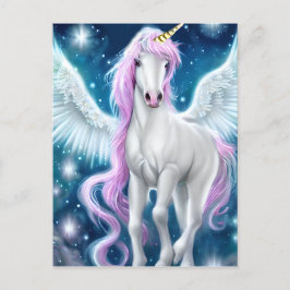 Postal Unicornio alado con pelo rosado