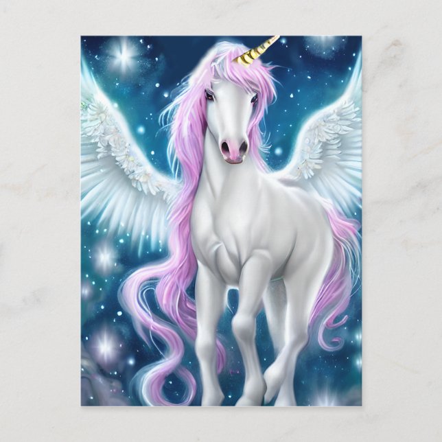 Postal Unicornio alado con pelo rosado (Anverso)