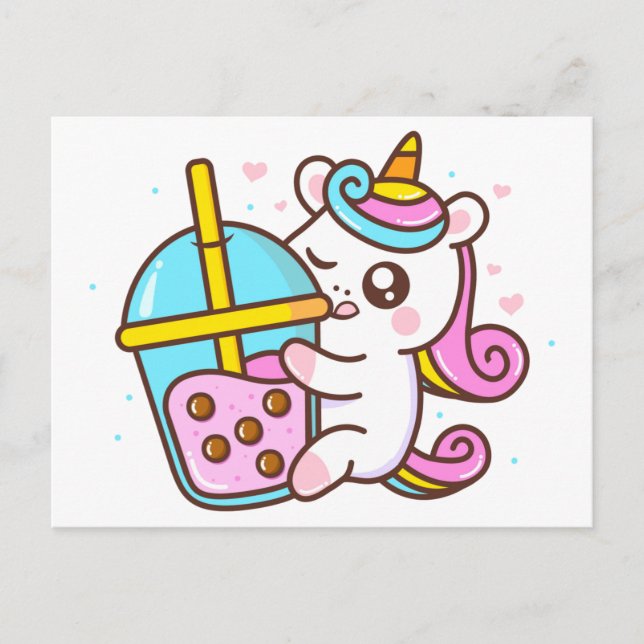 Postal Unicornio amante del té de burbujas (Anverso)