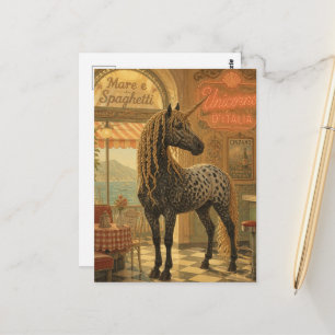 Postal unicornio Appaloosa en una cafetería con crin de e