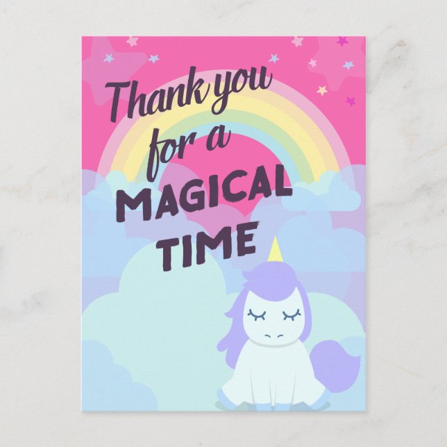 Postal Unicornio arcoiris mágico rosa gracias (Anverso)