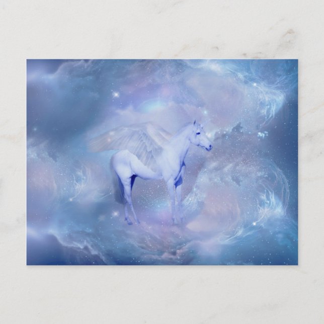 Postal Unicornio azul con fantasía de alas (Anverso)