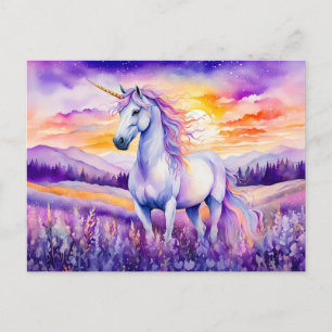 Postal Unicornio Bajo Cielo de Arcoíris en Puesta de Sol