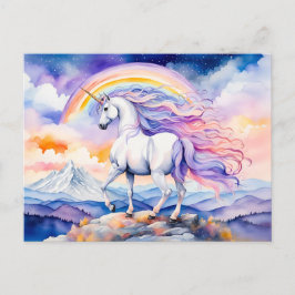 Postal Unicornio bajo nubes de arcoíris pastel suaves