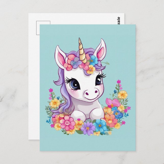 Postal Unicornio, bebé mágico dulce (Anverso / Reverso)