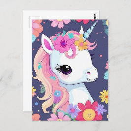 Postal Unicornio blanco adorable con flores