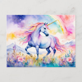 Postal Unicornio caminando bajo un arcoíris brillante