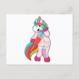 Postal Unicornio como enfermera en vacunación y jeringa