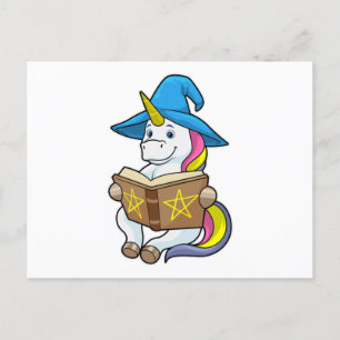 Postal Unicornio como Mago con Libro y Sombrero