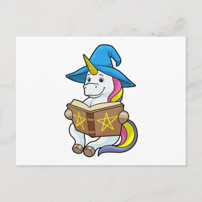 Postal Unicornio como Mago con Libro y Sombrero (Anverso)