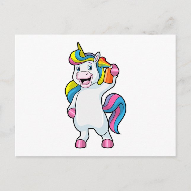 Postal Unicornio como peluquero con laca para el pelo (Anverso)
