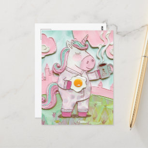 Postal Unicornio con café y huevo