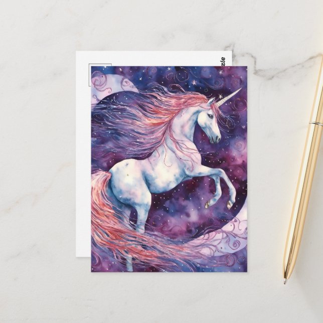 Postal Unicornio con fantasía de melena rosa (Anverso/Reverso In Situ)