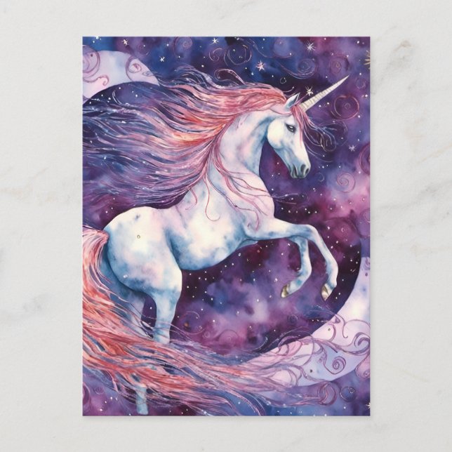 Postal Unicornio con la luna rosa blanco morado  (Anverso)
