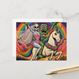 Postal Unicornio con novia alienígena y un novio robot