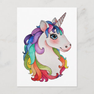 Postal Unicornio de Acuarela con Cabello Arcoíris