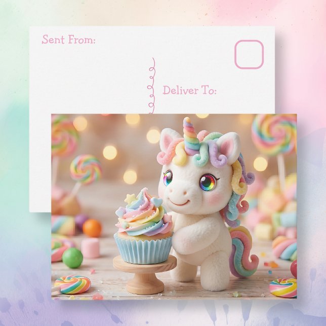 Postal Unicornio de Caramelo Pastel con Cupcake de Arcoír (Subido por el creador)