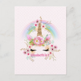 Postal UNICORNIO de Oro Rosa Flores Arcoíris Niñas REGALO