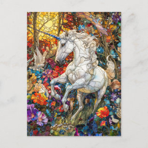 Postal Unicornio en el jardín de flores