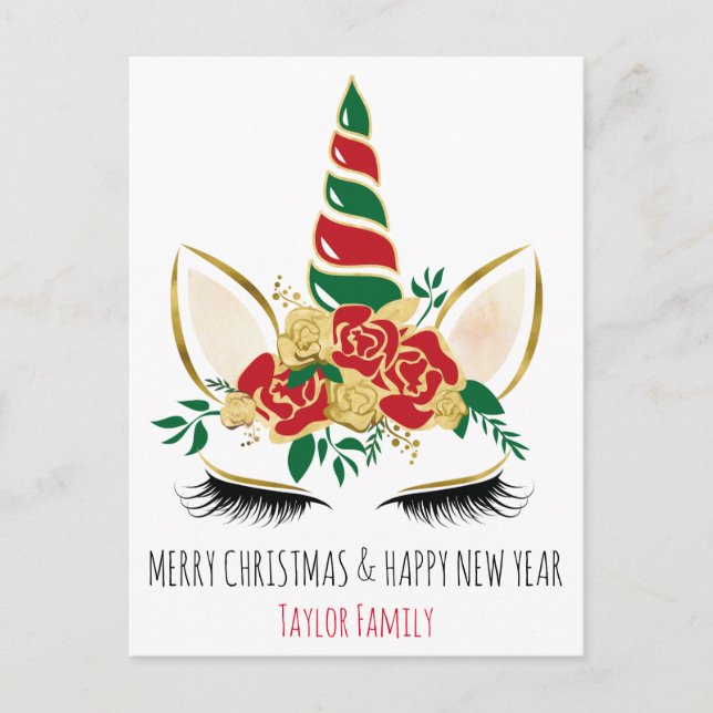 Postal Unicornio en invierno de Año Nuevo navidades (Anverso)