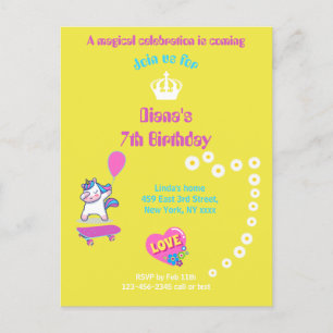 Postal Unicornio en patineta con subtítulos personalizado