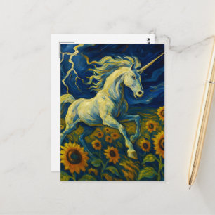 Postal Unicornio en una tormenta en girasoles
