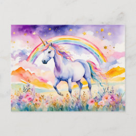 Postal Unicornio Encantado Bajo un Cielo de Arcoíris Bril