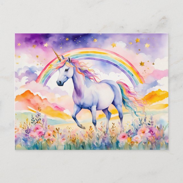 Postal Unicornio Encantado Bajo un Cielo de Arcoíris Bril (Anverso)