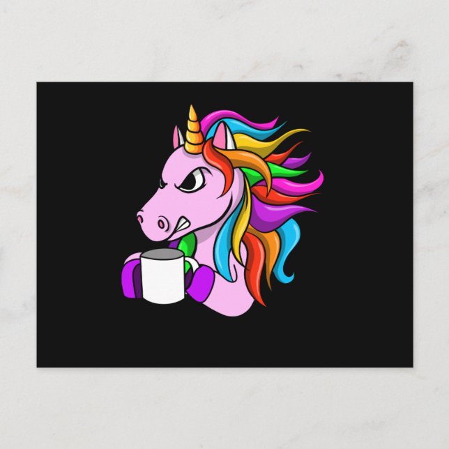 Postal Unicornio enojado con café (Anverso)
