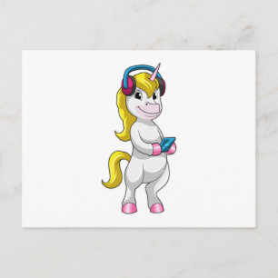 Postal Unicornio escuchando música con auriculares