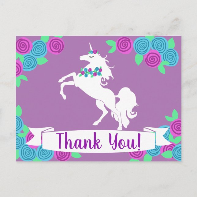 Postal Unicornio Floral y Flores Gracias (Anverso)