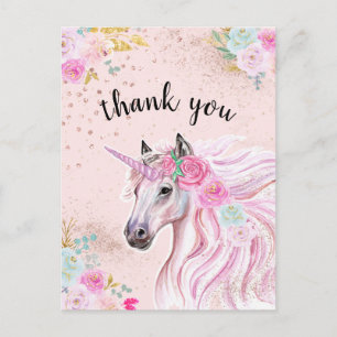 Postal Unicornio Gracias Rosa Turquesa Floral Dorado Bril
