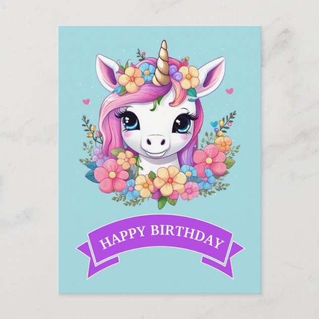 Postal Unicornio mágico con flores (Anverso)