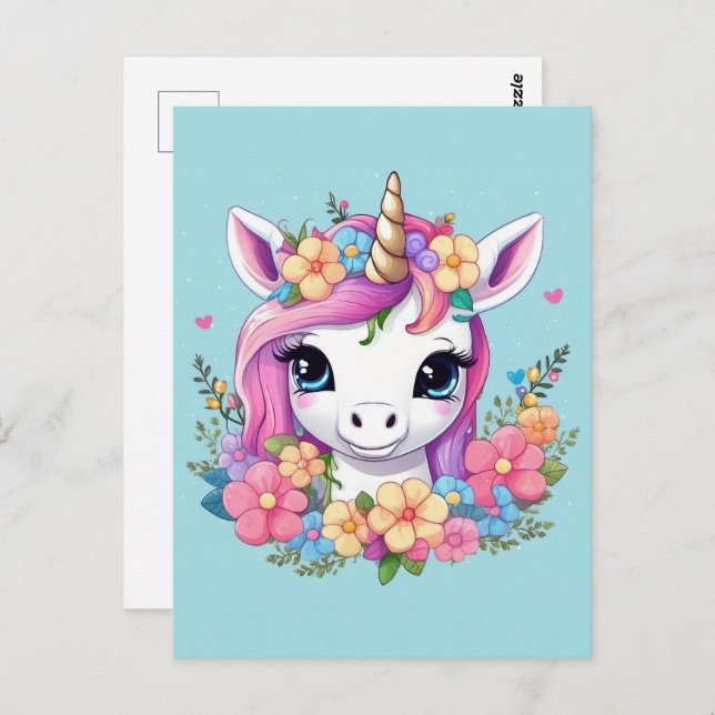 Postal Unicornio mágico con flores (Anverso / Reverso)