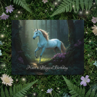 Postal Unicornio mágico en cumpleaños forestal encantado