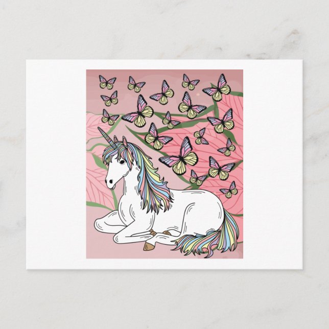 Postal Unicornio retro con mariposas (Anverso)