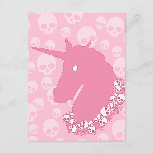Postal Unicornio rosa con cráneos (Anverso)