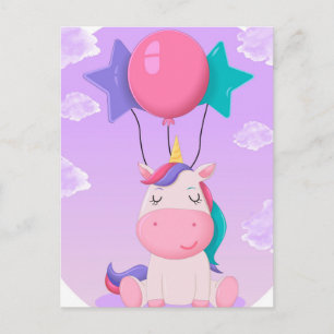 Postal Unicornio Sentado y Globos Lila Adorable