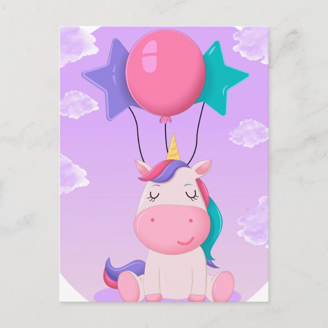 Postal Unicornio Sentado y Globos Lila Adorable (Anverso)
