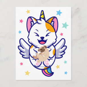 Postal Unicornio sosteniendo pug de perro kawaii anime