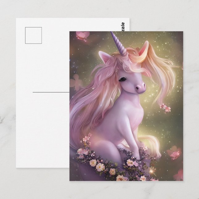 Postal Unicornio, un bebé rosa adorable (Anverso / Reverso)