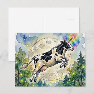 Postal Unicornio Vaca Lechera Saltando y la Luna