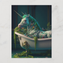 Postal Unicornio verde con cuerno extra en la bañera