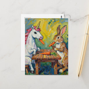 Postal Unicornio y conejo comiendo zanahorias